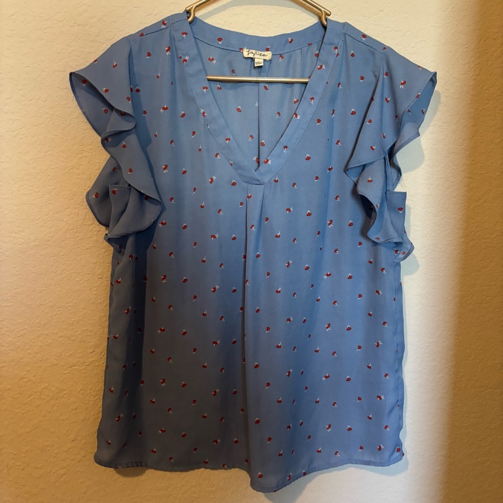 Lily White Women’s Sleeveless Light Blue Blouse With Flower, Size Large